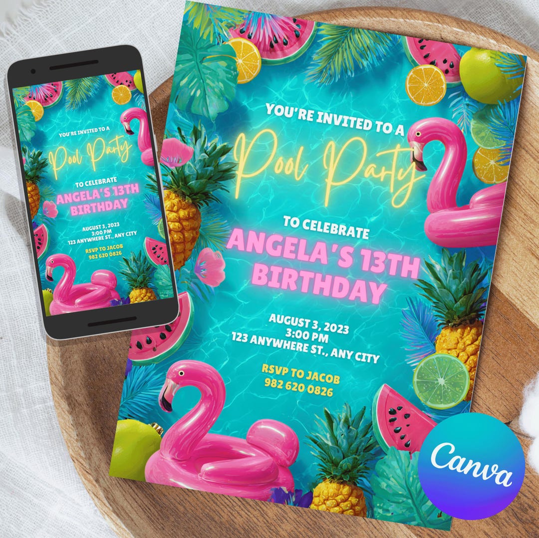 Editable Pool Invitation, Pool Party Birthday Invitation, Neon Glow ...