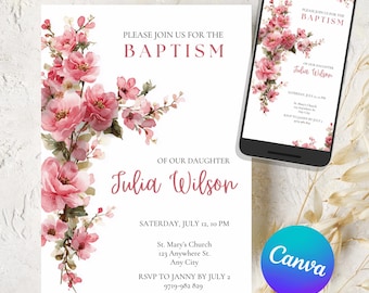 Floral Girl Baptism Invitation Template, Vintage Pink (Digital Download)