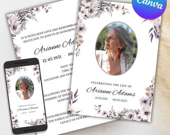 Invitación para funeral de mariposa morada y celebración de la vida, invitación conmemorativa digital, editable e imprimible, plantilla de obituario W003