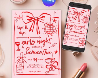 May include: A pink invitation with red line art for a "girls night" hosted by Samantha. The invitation includes a bow, disco ball, champagne bottle, and cocktail glass. A smartphone displays the same design. A tube of lipstick is also visible.