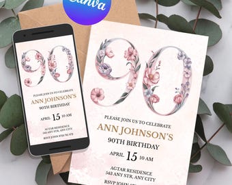 Vintage Einladung zum 90. Geburtstag | Bearbeitbare Vorlage (Digital)