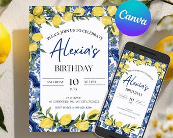 Editable Mediterranean Lemon Birthday Invitation, Blue Tile Amalfi Coast Italian Party Template, Tuscan Citrus Printable Invite, Arch, M004