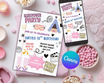 Editable Sleepover Invitation, Slumber Party Pajama Party Invite, Girls Birthday Pink Printable Invitation Template, digital Invite AA001