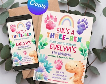 Pastel Dinosaur Birthday Invitation, Three Rex Girl Party, Cute Pink Dino Editable Template, 3-rex, Printable, Phone Invite, Evite C004