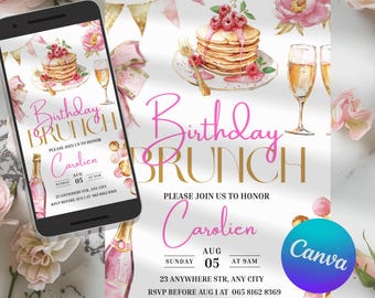 Convite editável para brunch de aniversário, panfleto para festa com champanhe, convite de panqueca, modelo Canva, download digital instantâneo, jantar de aniversário V001