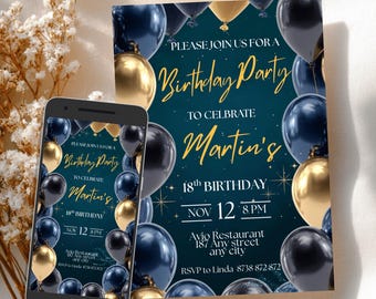Editable Navy Blue & Gold Birthday Invitation for Men | Printable Balloons Party Invite | Classy Digital Birthday Template - evite CC001
