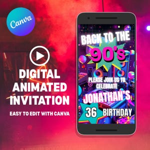 Può includere: Invito digitale animato su schermo di smartphone a tema anni '90. L'invito dice "Back to the 90's" e "Jonathan's 36 Birthday". Il logo Canva è in alto a sinistra. Lo sfondo è un vivace mix di rosa e viola.