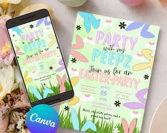 Easter Egg Hunt Invitation Editable, Easter Bunny Invite, Party with my Peeps, Gold Easter Egg, Easter Party Invite, Instant Download G001