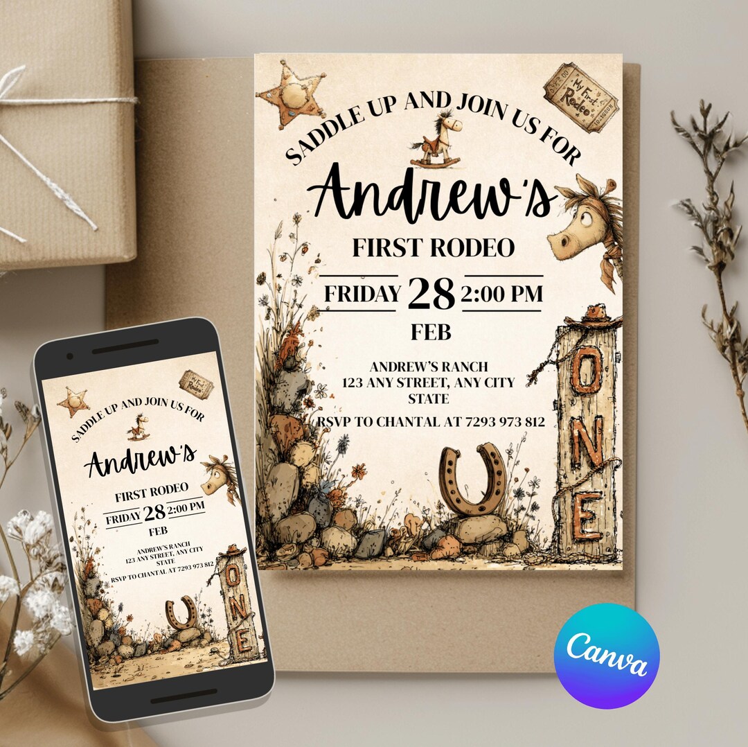 My First Rodeo Invitation Template in Brown Beige Western Style ...