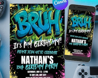 Bruh It's My Birthday Invitation | Editable Any Age & Theme | Neon Birthday Card | Printable, Digital Party Invite | Instant Download DD004