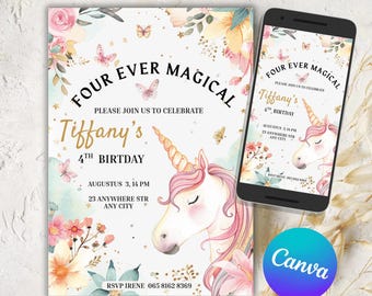 Invitación de cumpleaños de unicornio pastel, invitación de unicornio arcoíris, cuarto cumpleaños de unicornio, invitación de un día mágico, invitación mágica Four Ever U004