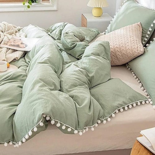 5 Pc Set Sage Green Pom Pom Duvet Cover Queen Duvet Set Twin Etsy