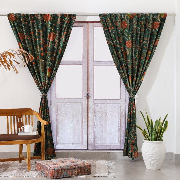 Green Velvet Curtains, Custom Window Curtain, Velvet Floral Printed Curtain, living Room Curtains, Bedroom Curtains, Luxury Velvet Curtains