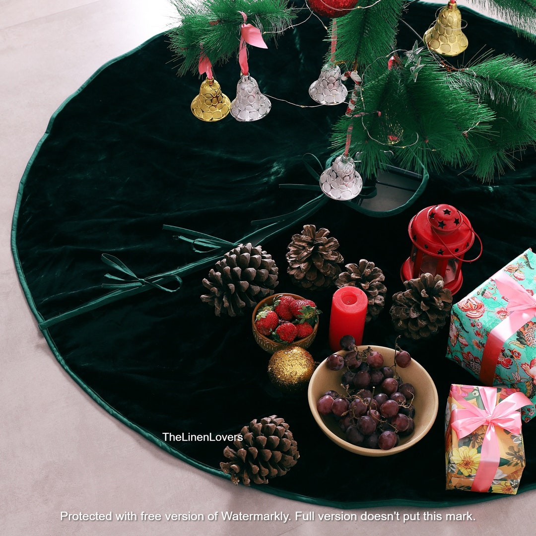 Emerald Green Christmas Tree Skirt, 48 Inch Velvet Tree Skirt, Boho