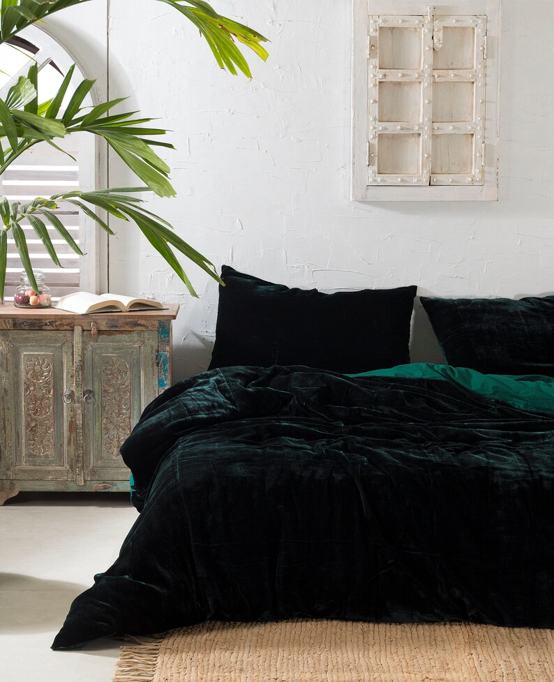 Ultra-Luxe Crushed Velvet Duvet Cover, Boho Bedding UO Comforter Bedding Donna Cover, 3 Pcs Set Emerald Green Duvet Set, Velvet Bedding Set