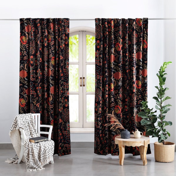 Velvet Curtains, Custom Window Curtain Panels, Black Velvet Printed Curtains, Dining Room Curtains, Bedroom Curtains, Boho Velvet Curtain