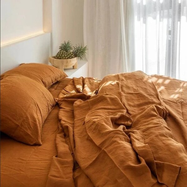 3 pcs Cinnamon Tobacco washed Cotton Duvet Cover, Boho Bedding Twin Full Queen Duvet Cover Set, King Full Comforter Set, Cinnamon Bedding