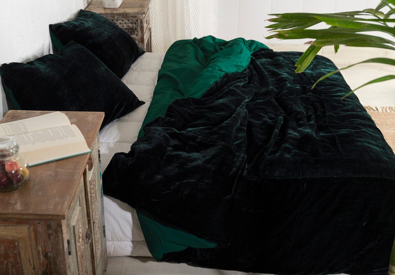 Ultra-Luxe Crushed Velvet Duvet Cover, Boho Bedding UO Comforter Bedding Donna Cover, 3 Pcs Set Emerald Green Duvet Set, Velvet Bedding Set image 6