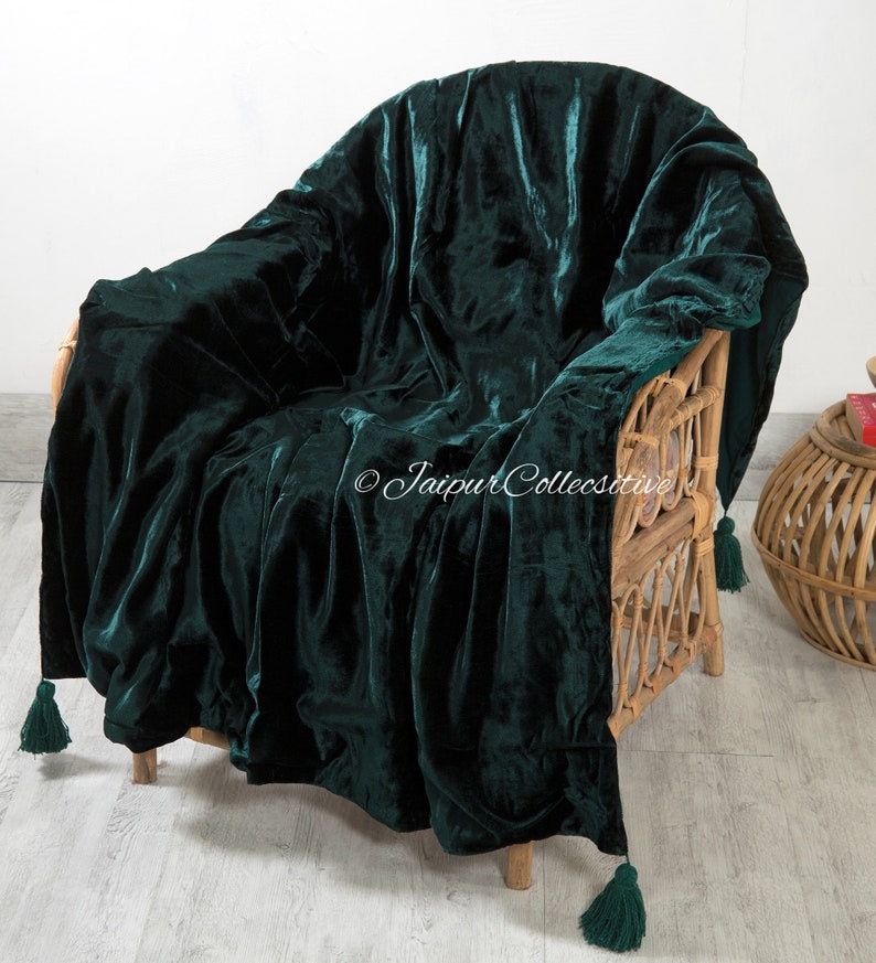 Luxury Crushed Emerald Green Velvet Throw Blanket With Tassels Etsy
