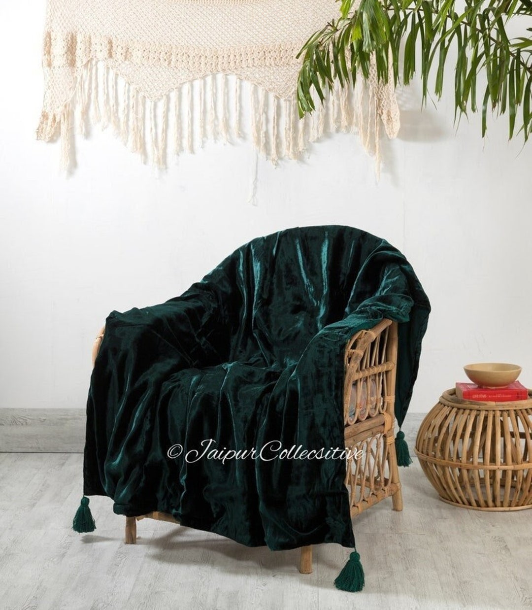 Luxury Crushed Emerald Green Velvet Throw Blanket With Tassels Soft Velvet Boho Sofa Throw for ...