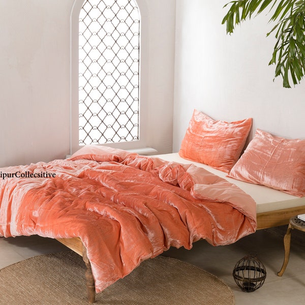 3 Pieces Set Luxury Crushed Velvet Duvet Cover Boho Bedding UO Comforter Cover Donna Cover Quilt Cover Coral Peach Duvet Velvet Bedding