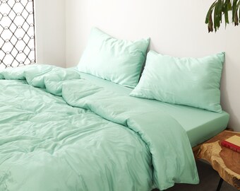 100% Organic Vegan Bamboo Cotton Duvet Cover, 3 Pc Sea Green Pastel Bedding Set, Bamboo Silk Duvet Cover, Bedding Set, Duvet Comforter Set