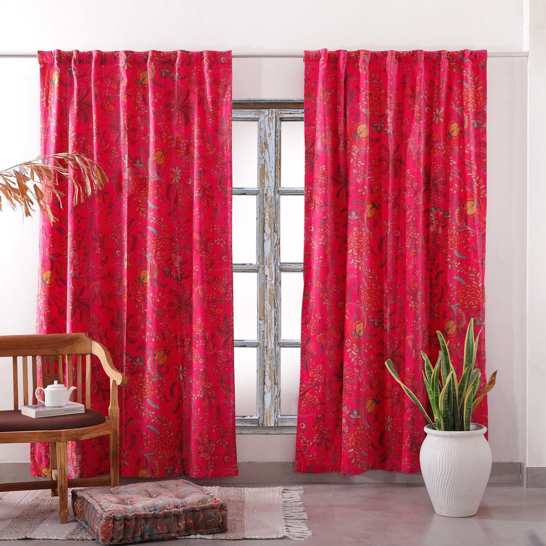 Pink Velvet Curtains Custom Window Curtain Velvet Floral Etsy