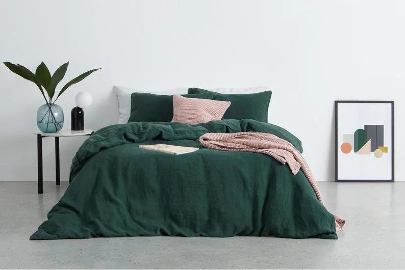 3 Pc Emerald Green Bedding Set Emerald Green Cotton Duvet Etsy
