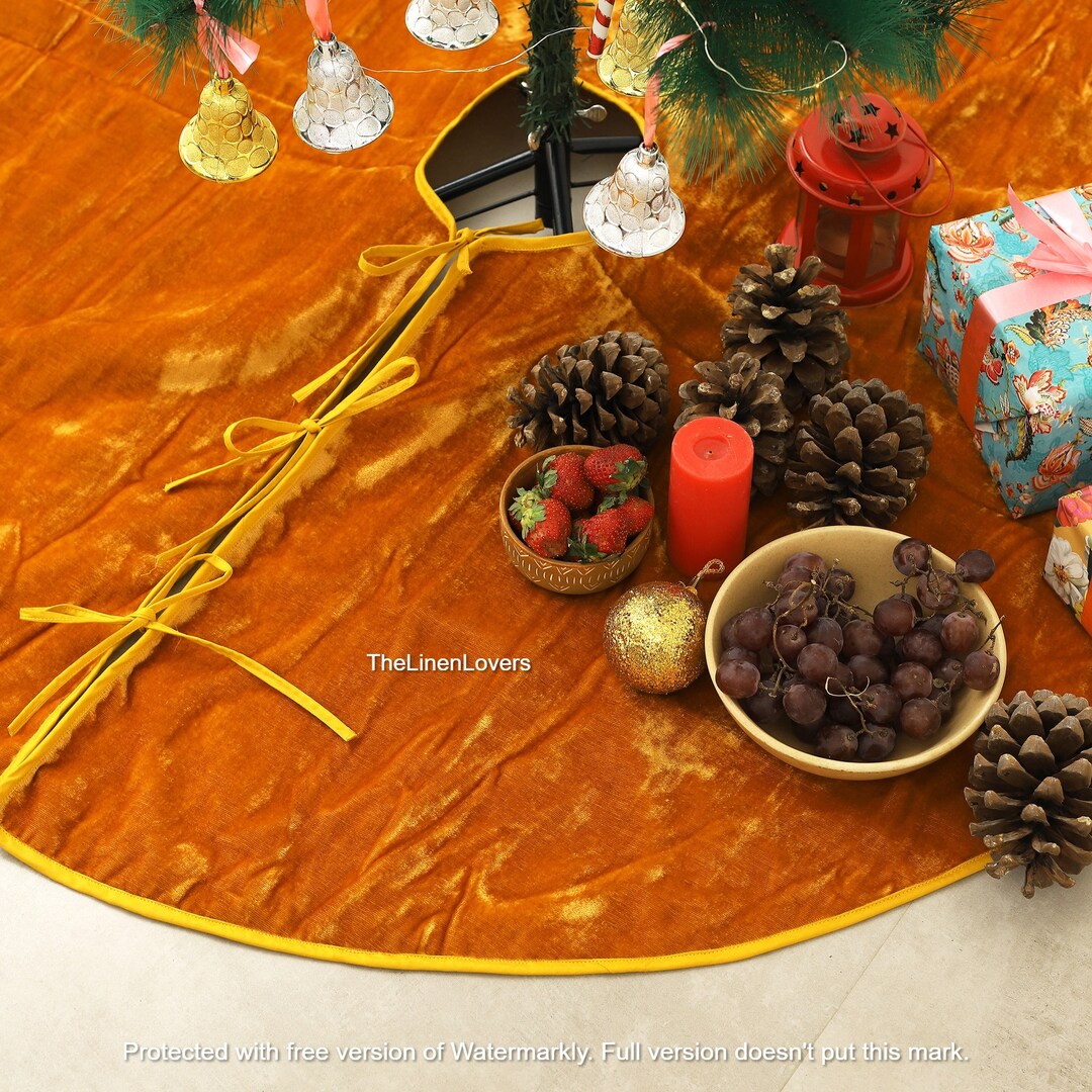 Gold Christmas Tree Skirt, 48 Inch Velvet Tree Skirt, Boho Xmas Tree