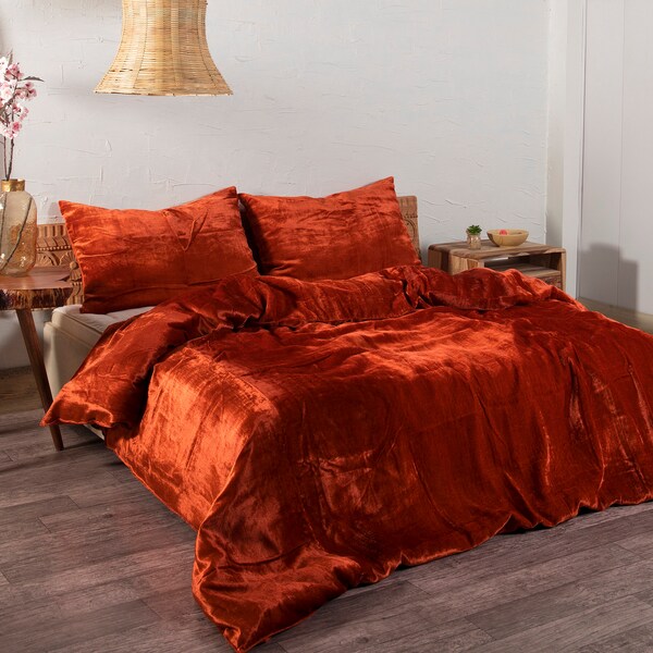 Burnt Orange Rust Ultra-Luxe Crushed Velvet Duvet Cover, Boho Bedding UO Comforter Donna Cover, 3 Pcs Queen Duvet Set, Velvet Bedding Set