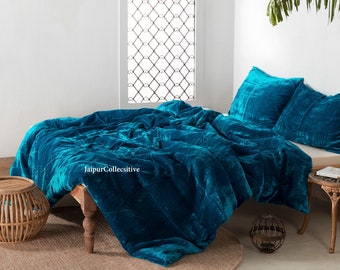 Ultra-Luxe Crushed Velvet Duvet Cover, Boho Bedding UO Comforter Bedding Donna Cover, 3 Pcs Set Sea Blue Teal Duvet Set, Velvet Bedding Set