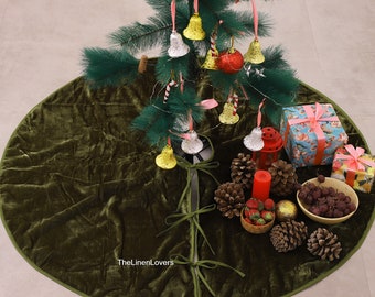 Christmas Tree Skirt, 48 Inch Moss Green Velvet Tree Skirt, Xmas Plush Tree Mat For Holiday Farmhouse Decorations Rustic Luxury Tree Skirt