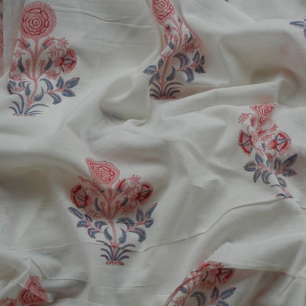 White Block Print Fabric, Floral  Motif, Cotton Fabric, Natural Vegetable Dyed, Indian Fabric, Fabric By Yard, Womens Clothing, Soft Cotton