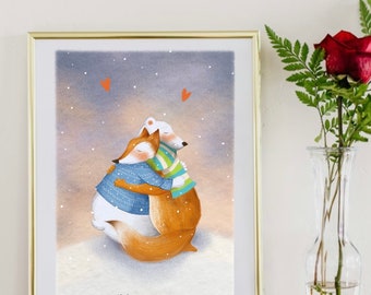 May include: A framed art print featuring a fox in a blue sweater and a polar bear in a green and white striped sweater hugging in the snow. Two orange hearts float above them against a soft gradient background. The text Mirti is visible.