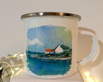 Taza de esmalte con impresión de un cuadro original, "La cabaña del pescador".