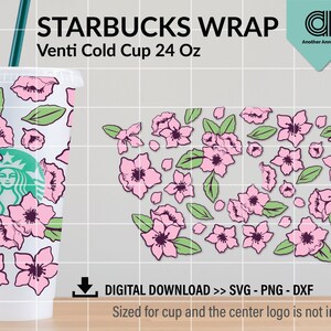 Pink Sakura SVG für venti kalte Tasse wrap | Kirschblüte und Blume SVG für DIY 24oz kalte Kaffeetasse Full Wrap Schaltung und Cameo Silhouette