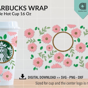 Piccole margherite gerbera rosa SVG per grande involucro di tazza calda / Involucro completo margherita senza soluzione di continuità per involucro di tazza calda fai da te 16os per il download digitale Cricut
