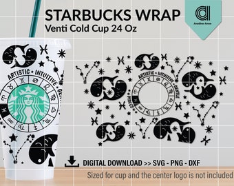 Puede incluir: Una envoltura para vaso frío de Starbucks en blanco y negro con un diseño zodiacal de Piscis con estrellas y el texto "ARTISTIC INTUITIVE GENTLE". La envoltura está diseñada para un vaso frío Venti de 24 oz.