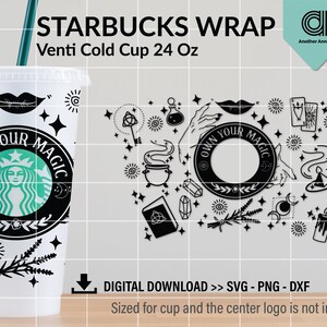 Grundläggande häxa SVG för venti kall kopp wrap | Magic Tarot SVG för 24oz återanvändbar kall kopp full wrap | DIY häxkonstfil för Cricut & Silhouette