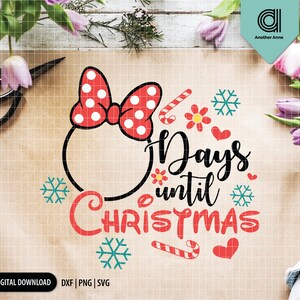 Puede incluir: Un lazo rojo y blanco de lunares con un c&iacute;rculo en el centro. El texto "Days until Christmas" est&aacute; escrito en negro con bastones de caramelo rojo y blanco y copos de nieve.