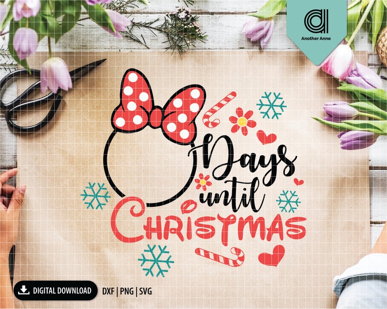 Puede incluir: Un lazo rojo y blanco de lunares con un c&iacute;rculo en el centro. El texto "Days until Christmas" est&aacute; escrito en negro con bastones de caramelo rojo y blanco y copos de nieve.
