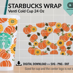 Puede incluir: Una descarga digital de una envoltura para taza de Starbucks con un diseño de calabaza y girasol. La envoltura está diseñada para una taza fría Venti de 24 onzas. El diseño incluye el texto "Starbucks Wrap" y "Venti Cold Cup 24 Oz".