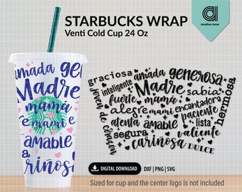 Mother svg | Madre full wrap no hole svg for cold cup | Spanish mom gift png for DIY venti coffee cup 24oz for Cricut & Cameo Silhouette