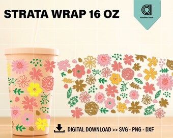 Full wrap pink floral Strata cold cup SVG | DIY Strata cup 16 oz instant download | Girl&#39;s custom gift decal Cricut and Silhouette Cameo