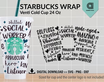 Socialarbetare typografi kaffekopp omslag svg för venti kall kopp 24OZ | Socialtjänst svg | DIY kaffekopp svg för Cricut och Silhouette