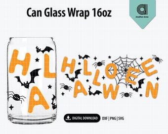 May include: A digital download design for a 16oz can glass wrap featuring the word "Halloween" in orange letters with black bats and spiders. The design is perfect for a Halloween party or to add a festive touch to your home.