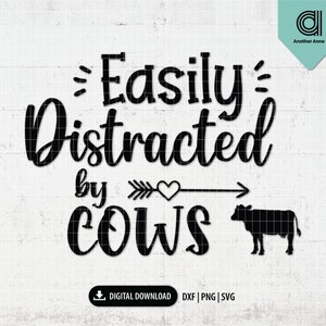 May include: Black and white graphic design with the text "Easily Distracted by Cows" with an arrow pointing to a black silhouette of a cow.