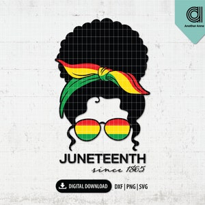 Op de afbeelding: Een digitale illustratie van een zwarte vrouw met een afro die een zonnebril en een hoofdband draagt in de kleuren van de Pan-Afrikaanse vlag. De tekst "Juneteenth since 1865" staat onder de afbeelding.
