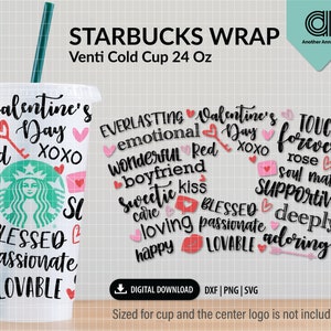 Valentijnsdag volledige wrap SVG voor Venti Cold Cup | hou van woorden typografie SVG voor 24oz cup | Zoete hart-svg | XOXO SVG voor Cricut en silhouet