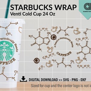 Cafeína SVG para envoltura de taza fría venti / Envoltura de profesor de ciencias SVG para archivo DIY de envoltura de taza fría reutilizable de 24 oz para Circuit y Cameo Silhouette